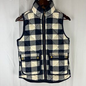 J.Crew Quilted Down Puffer Vest Women XXS Navy Cream Buffalo Plaid Excursion